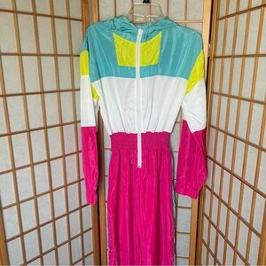 80s 90s Neon Hooded Windbreaker Jumpsuit
